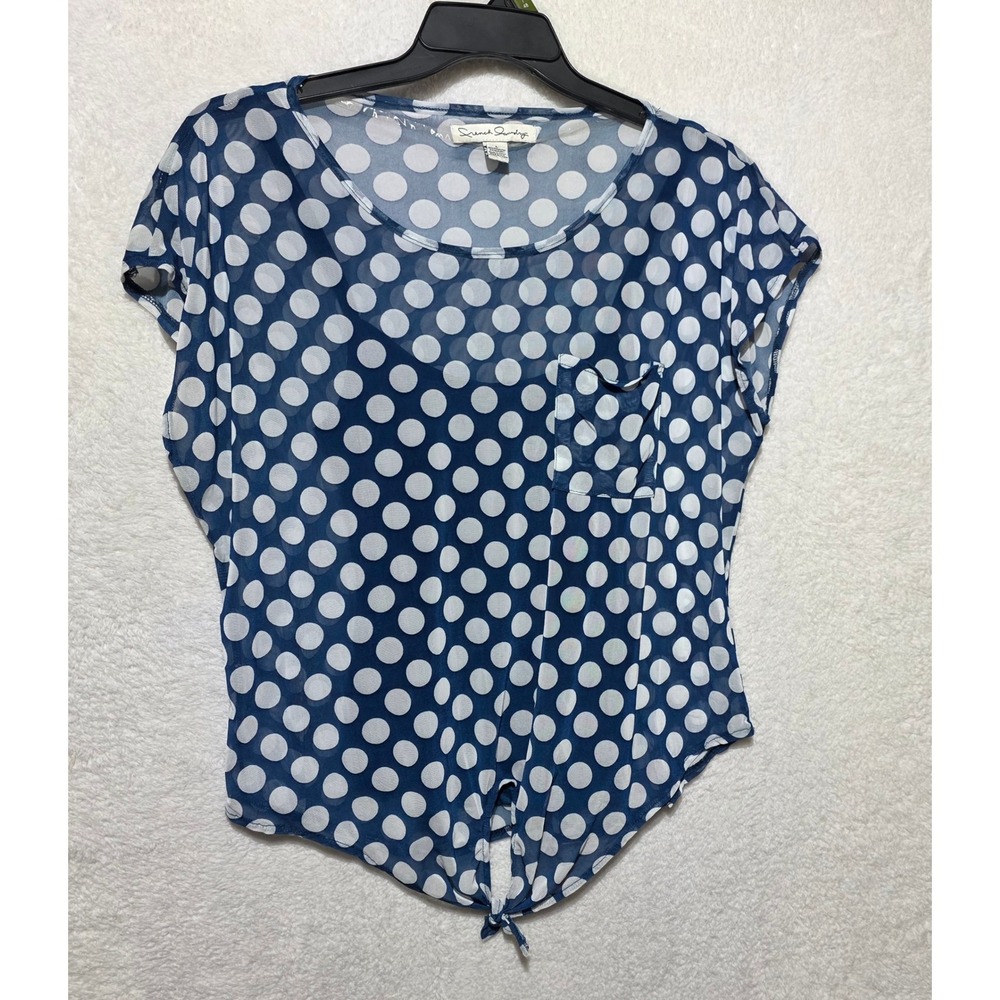 French Laundry Polka Dot Sheer Tie Front‎ Blouse Top Navy White Size L